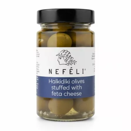 Jar of Nefeli Halkidiki olives stuffed with feta cheese front view