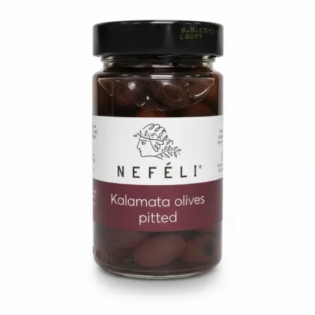 Jar of Neféli Kalamata pitted olives held in hand