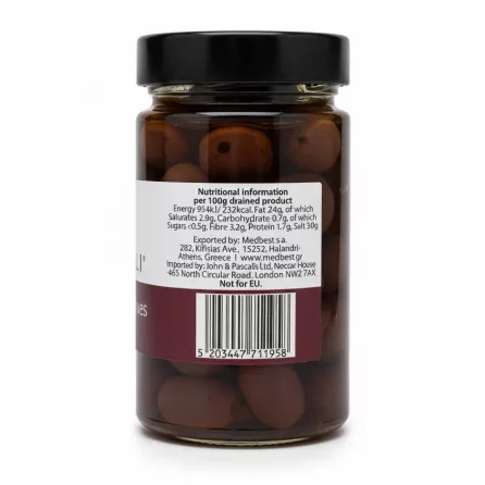 Back label showing nutritional information on Neféli Kalamata olives jar
