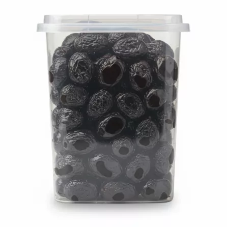Transparent side view of Marmarabirlik dried black olives in container