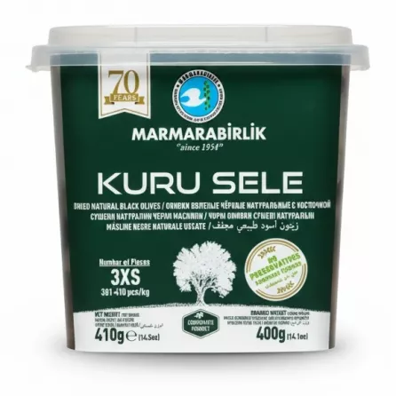 Plastic tub of Marmarabirlik dried natural black olives with clear lid