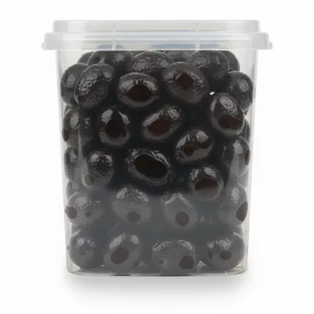 Side view of Marmarabirlik black olives in transparent container