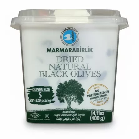 Marmarabirlik dried natural black olives 400g tub front label