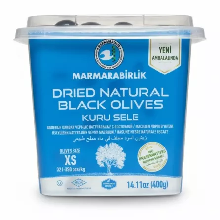 Pack of Marmarabirlik dried natural black olives in blue container
