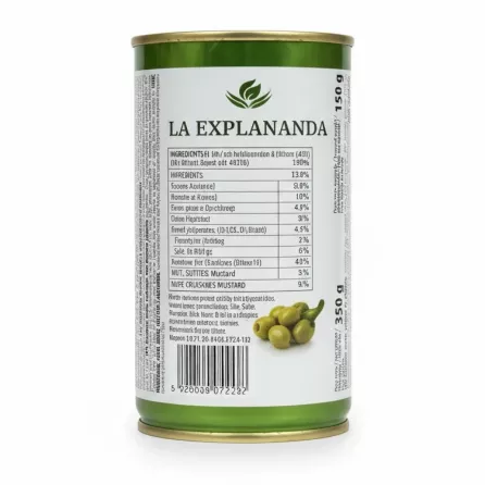 Side label showing ingredients and nutritional information of La Explanada olives