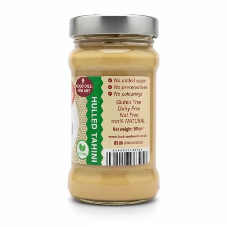 Back label of Bodrum Hulled Tahini jar showing product details and barcode