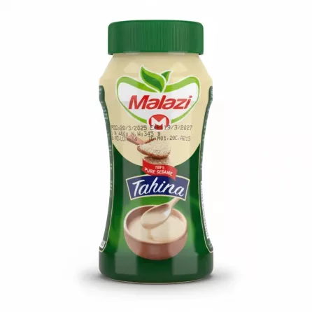 Malazi Tahina jar with green lid and label featuring sesame seeds and tahini dip