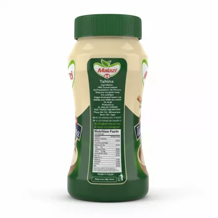 Back label of Malazi Tahina showing ingredients and nutritional facts on a white background