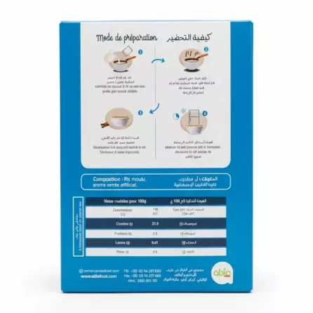 Nawal Crème de Riz rice cream dessert box preparation instructions and nutritional facts on a white background