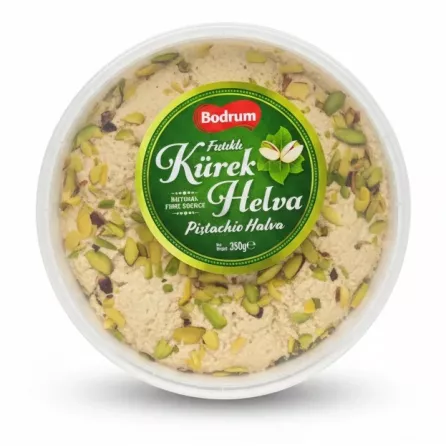 Bodrum Pistachio Tahini Halva in clear plastic tub with green label