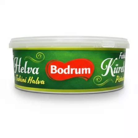 Side view of Bodrum Pistachio Tahini Halva tub showing brand and product name