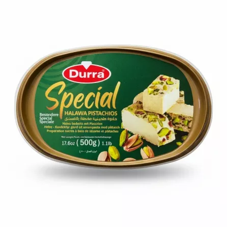 Top view of Durra Special Halawa Pistachios packaging with label