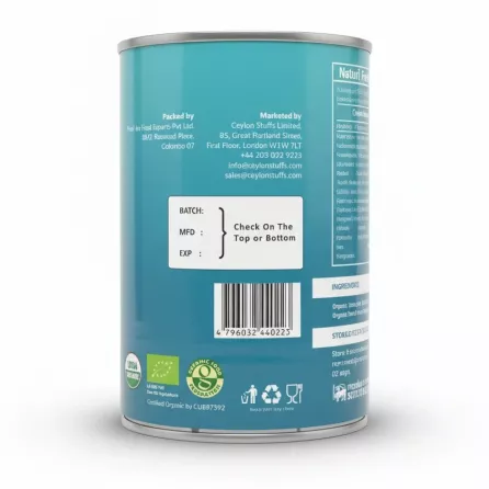 Back of Naturi Fresh organic coconut milk can showing barcode and manufacturer details
