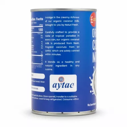 Side view of Naturi Fresh Organic Coconut Milk can showing product description