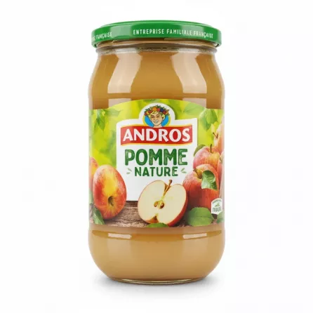 Glass jar of Andros Natural Apple Puree with green lid and label showing ripe apples
