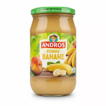 Glass jar of Andros apple banana fruit purée with labelled lid