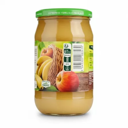 Back view of Andros fruit purée jar showing barcode and recycling info