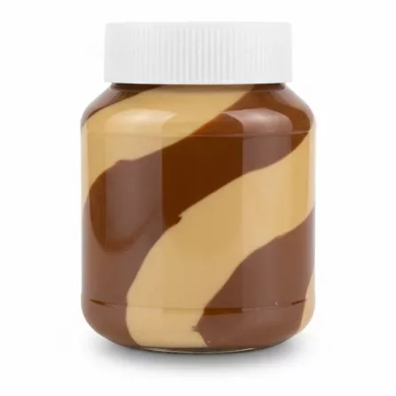 Jar of Kent Boringer duo peanut and hazelnut spread with brown and beige swirl