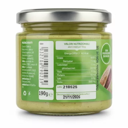 Back label with ingredients and nutritional facts of Gusto Etna pistachio cream on a white background