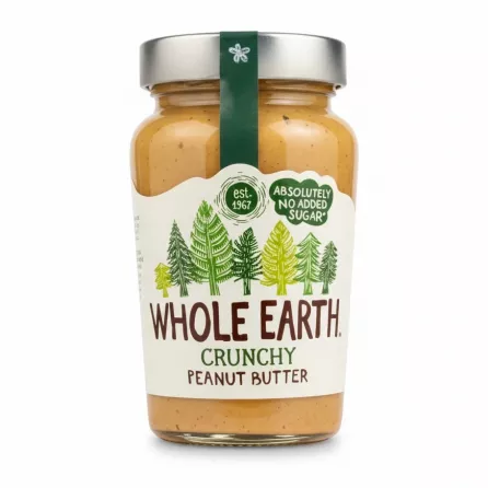 Jar of Whole Earth Crunchy Peanut Butter with label showing no added sugar
