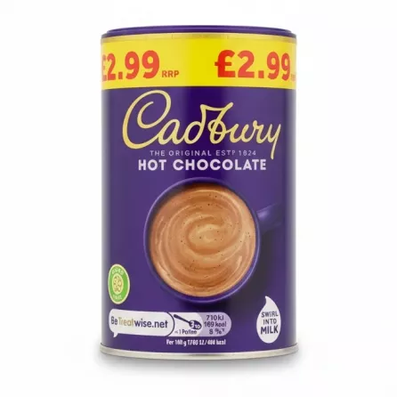 Cadbury Hot Chocolate powder container with purple label