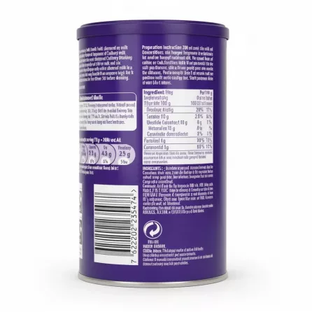 Back of Cadbury Hot Chocolate container showing preparation instructions and barcode