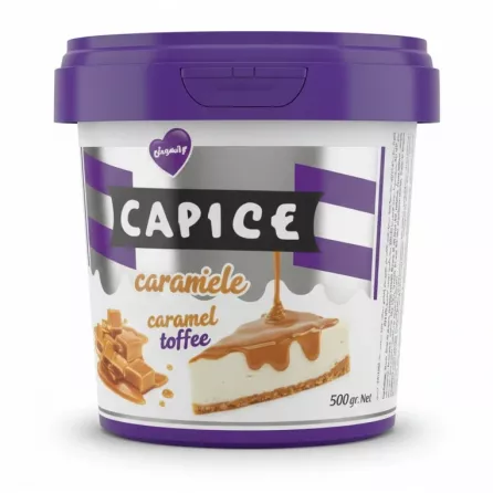 Side view of Caprice caramel toffee tub showing ingredients and product label