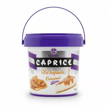 Caprice liquid caramel toffee in a purple-handled tub