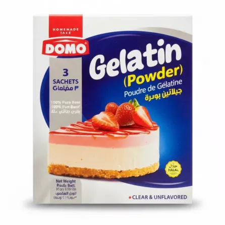 Domo Gelatin Powder box front view showing dessert image