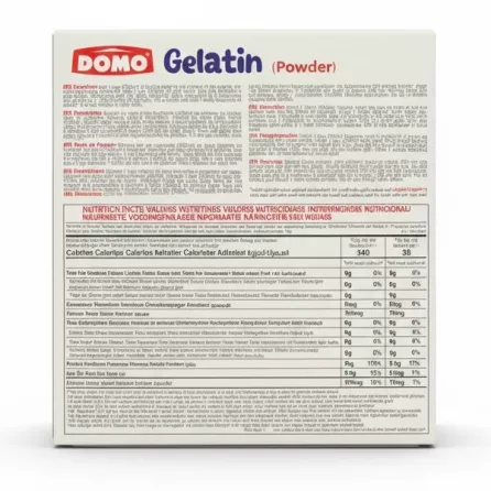 Domo Gelatin Powder box back view with instructions and nutritional facts