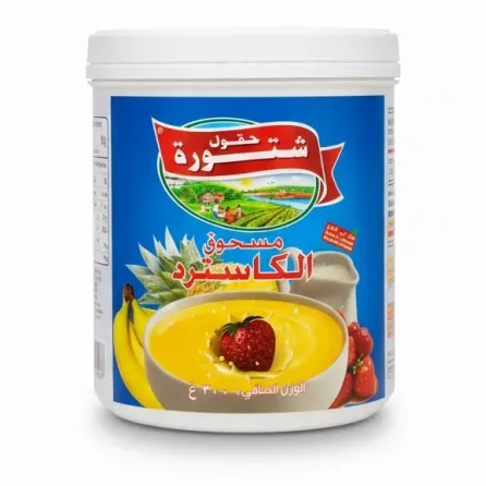 Chtoura Fields Custard Powder vanilla pudding container with fruit decoration on a white background