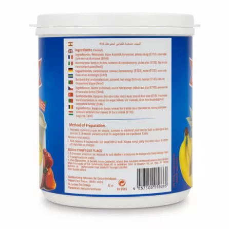 Back view of custard powder container showing ingredients and preparation instructions