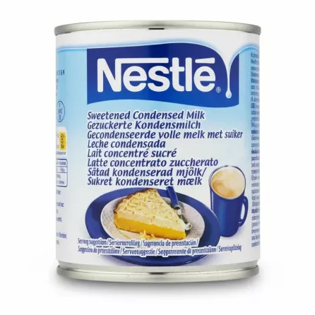Nestlé brand sweetened condensed milk can front label with pie and coffee image