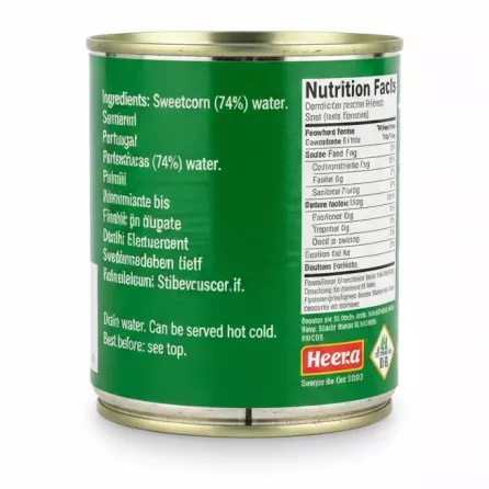 Back of Heera Sweetcorn can listing ingredients and nutritional facts