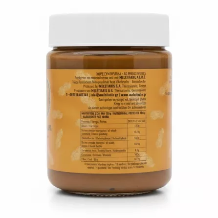 Back view of Meletiadis peanut butter and praline jar showing nutritional facts