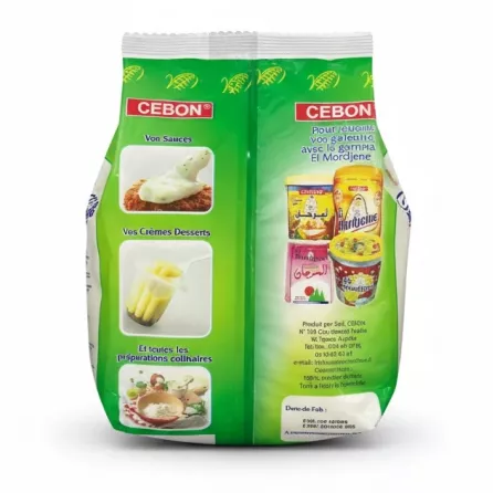 Back of Cebon El Mordjene corn starch package showing product use and contact info