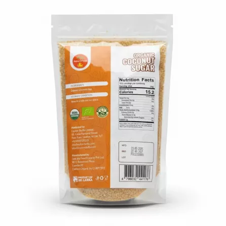 Back packaging of Naturi Fresh organic coconut sugar showing ingredients and nutritional facts