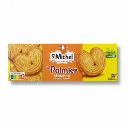 Box of St Michel Le Palmier Butter Biscuits showing the packaging with biscuit images