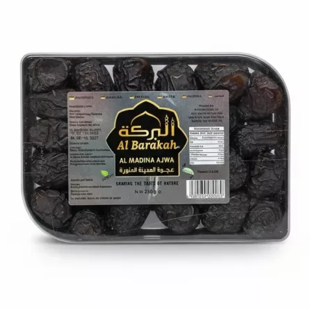 Pack of Al Barakah Al Madina Ajwa dates in a transparent box