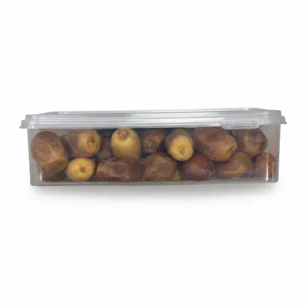 Side view of Zahedi Dates in clear plastic container