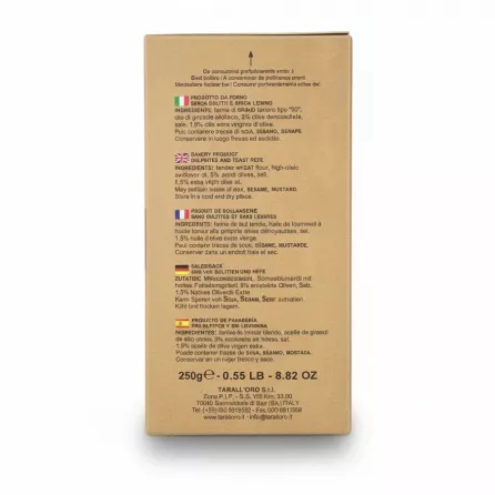 Back of Tarall'Oro Tarallini packaging showing ingredients and nutritional facts on a white background