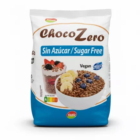 Esgir Choco Zero sugar free vegan cereal front packaging showing bowl of cereal with banana and blueberries