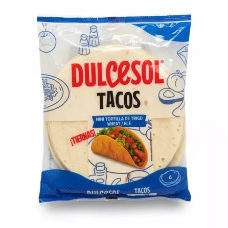 Package of Dulcesol mini wheat tacos showing soft tortillas