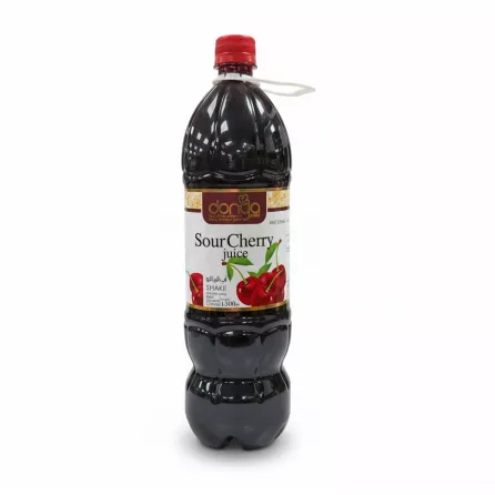 Bottle of Donya sour cherry juice with red cap and cherry graphics on label