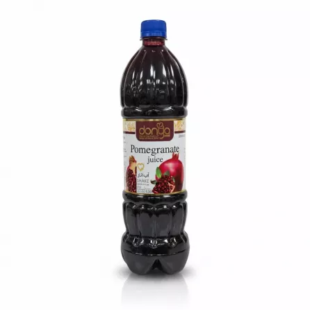 Full bottle of Donya Pomegranate Juice with label showing fruit images
