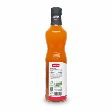 Moriss Orange Syrup nutritional facts and barcode on a white background