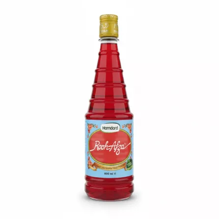 Hamdard Rooh Afza syrup bottle front view with label