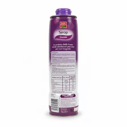 Belle France Sirop Cassis bottle back label with ingredients and nutritional facts