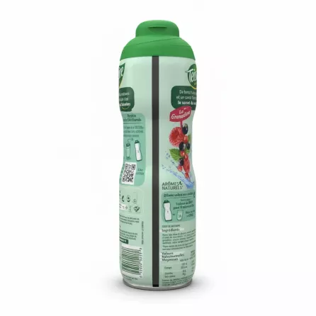 Back view of Teisseire La Grenadine syrup bottle with recipe and ingredients information