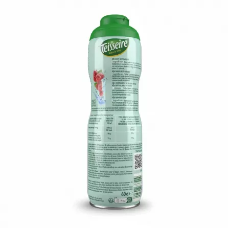 Teisseire raspberry syrup bottle back view showing ingredients and nutritional info